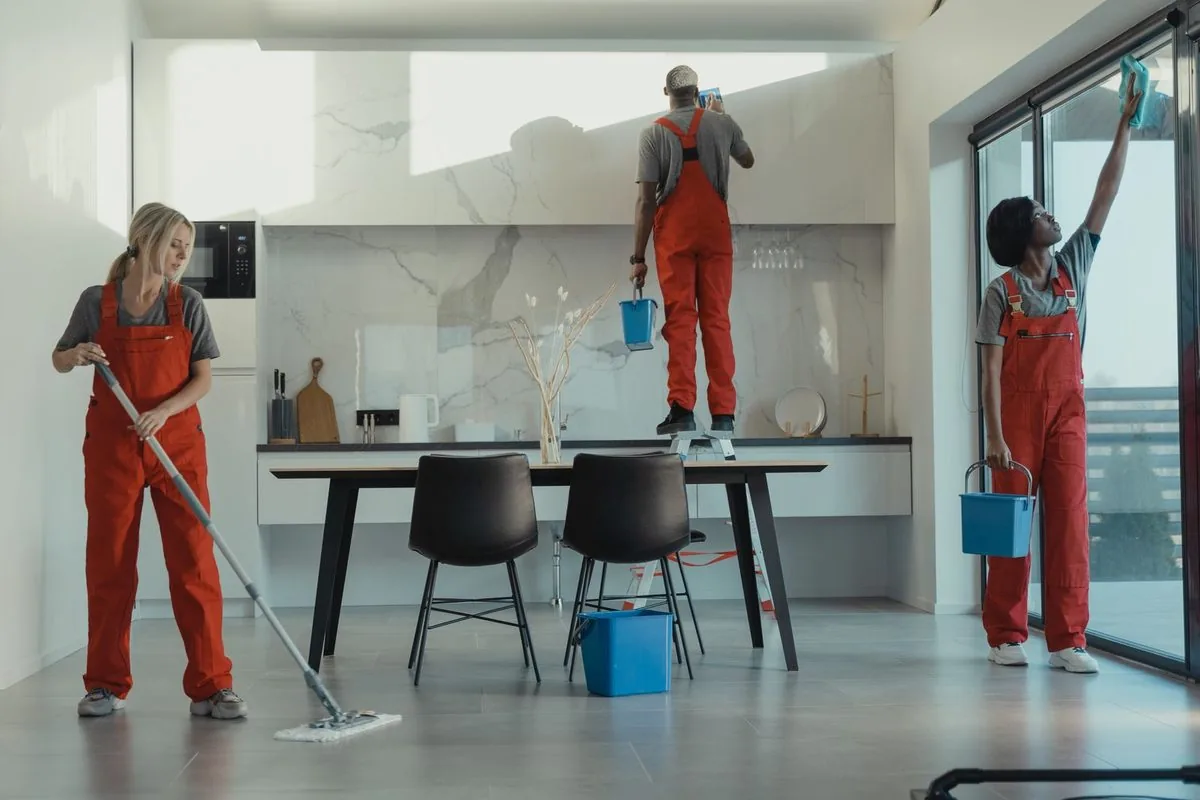 Uniformed cleaning crew servicing a modern office
